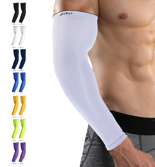 HiRui Arm Compression Sleeves for Men Women Youth Kids UV Protection 20-30mmHG Support Great for Running Cycling Basketball Golf Tattoo Cover Breathable Moisture-Wicking (White Small)