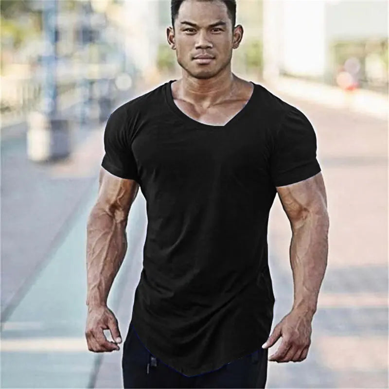 Men's Summer Cotton V Neck Short Sleeve Gym T-Shirt