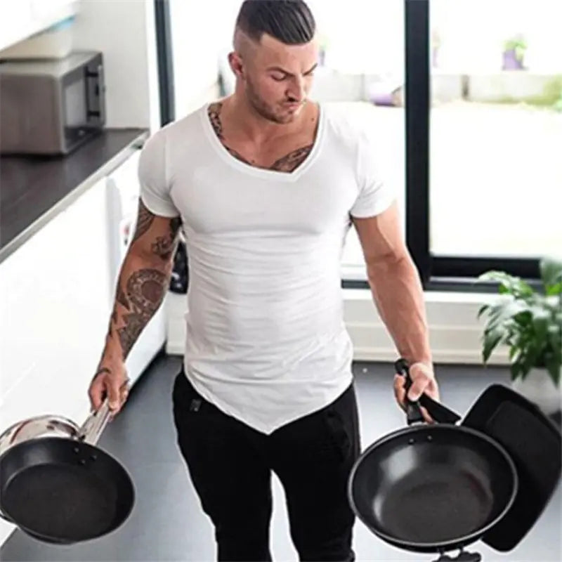 Men's Summer Cotton V Neck Short Sleeve Gym T-Shirt