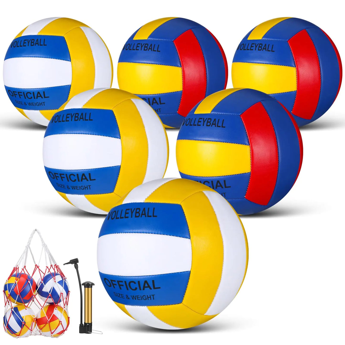 Junkin 6 Pack Volleyballs Official Size 5 Waterproof Soft Volleyball with Pump and Net Bag Outdoor Indoor Beach Gym Game Training Sport Gift for Adults(Blue Yellow Red Blue White Yellow)