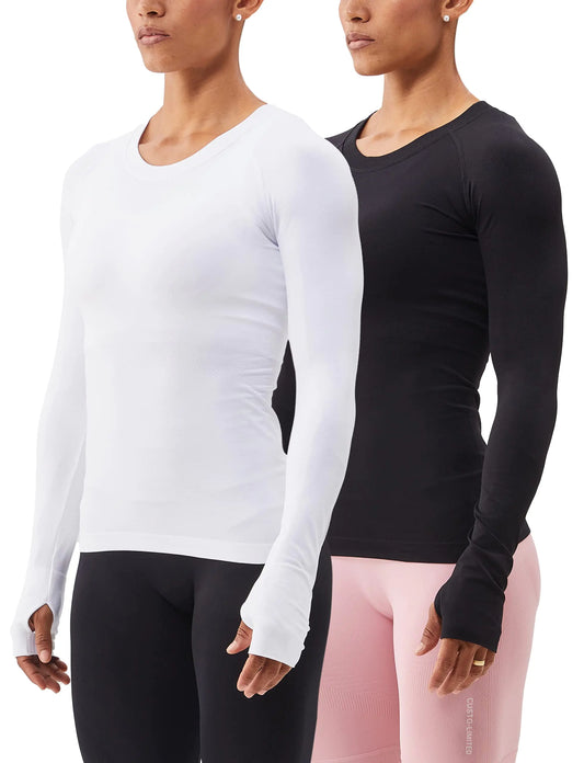 ANNVA U.S.A. Long Sleeve Workout Shirts for Women Swiftly TechAthletic Yoga Tops Gym Workout Tops Soft & Stretchy Slim Fit(Black&WhiteS)